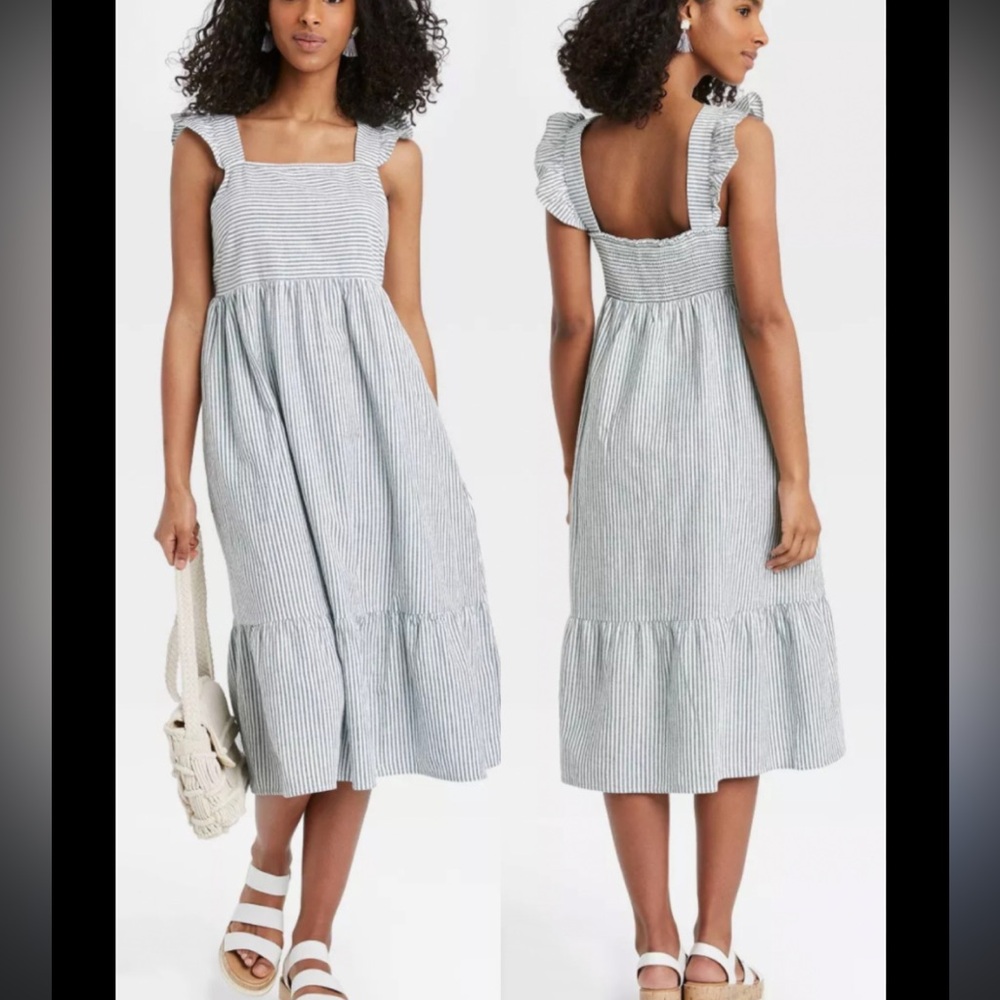 Universal Thread Striped Midi Sundress in Light Blue and White